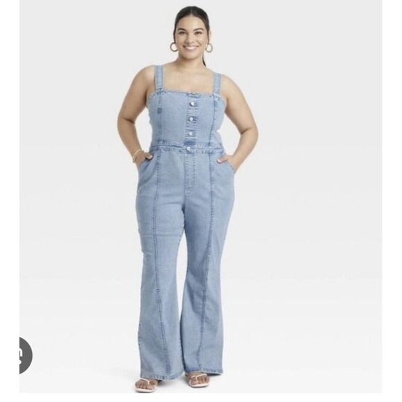 Ava & Viv Women's Denim Flare Jumpsuit Sz 26 Sleeveless Overall Light Wash Blue - Picture 2 of 16